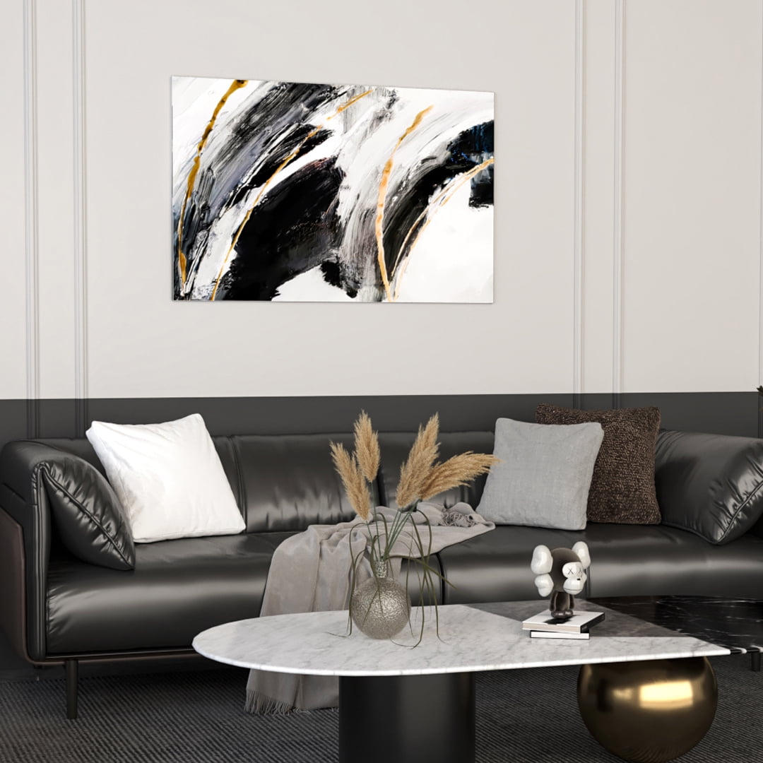 Abstract Gold and Black Canvas Art with Plywood Frame, 24x16 Inches