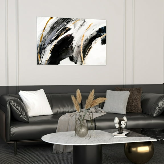 Abstract contemporary art gold and black on white background 36x24in canvas wall art stretched on wood frame