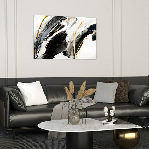 Abstract contemporary art gold and black on white background 36x24in canvas wall art stretched on wood frame