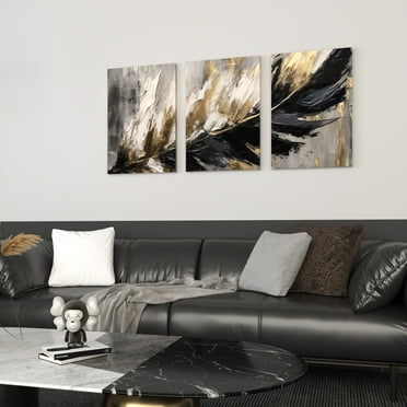 Abstract drawing of leaf with black and gold strokes on grey background set of 3 12x16inch each panel canvas wall art stretched on wood frame