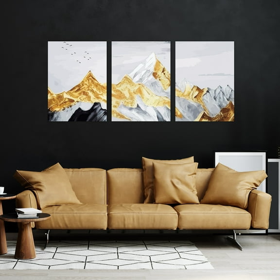Abstract drawing of mountain range, black white gold wall art set of 3 12x16inch each panel canvas stretched on wood frame