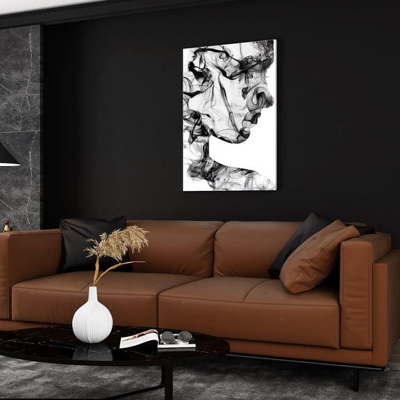 Abstract face silhouette from smoke black and white wall art 24x16in canvas stretched on wood frame