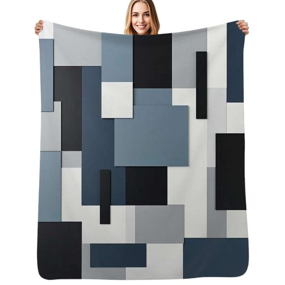 Abstract geometric in blue White Black Grey Flannel Blanket Warm Soft Bedding Throws Winter Camping Chair Sofa Bed