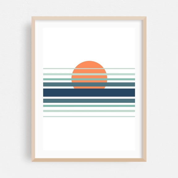 Abstract geometric sunset with orange sun - Illustration Minimalist Abstract Sunset Geometric Modern Art Pastel Beach House Oak Framed Wall Art Print 6 x 8 inches