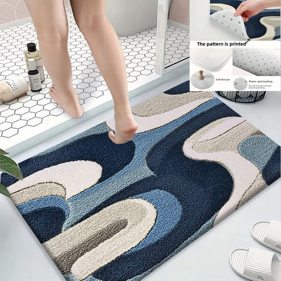 Abstract gray-blue-white wave pattern bathroom rug (1 piece), machine washable, made of polyester, suitable for living room, bedroom, kitchen, office, bathtub/shower area.