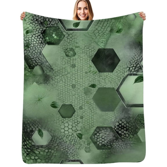 Abstract green hexagon pattern leaves Flannel Blanket Warm Soft Bedding Throws Winter Camping Chair Sofa Bed