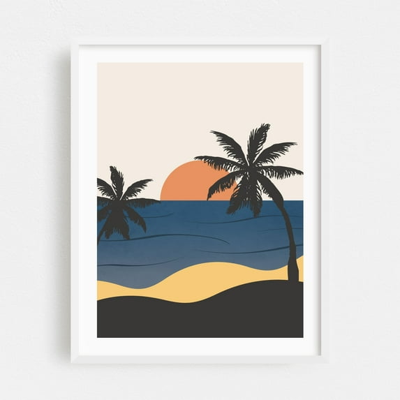 Abstract landscape with sea and palm trees - Illustration Palm Tree Sunset Beach Ocean Tropical Minimalist Coastal White Framed Wall Art Print 5 x 7 inches