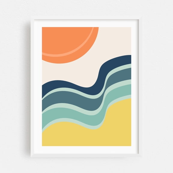 Abstract landscape with sun and stormy ocean - Illustration Abstract Minimalist Geometric Retro Waves Summer Modern Art White Framed Wall Art Print 18 x 24 inches