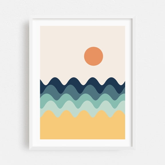 Abstract landscape with wavy sea and sun - Illustration Abstract Minimalist Waves Geometric Ocean Sunset Pastel White Framed Wall Art Print 8 x 10 inches