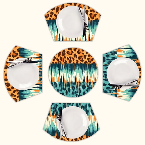 Abstract leopard print drip Round Table Placemats Set Of 5 Wedge Table Mats Washable Heat Resistant Place Mat For Dining Table Kitchen Farmhouse Restaurant