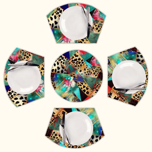 Abstract leopard print geometric art Round Table Placemats Set Of 5 Wedge Table Mats Washable Heat Resistant Place Mat For Dining Table Kitchen Farmhouse Restaurant
