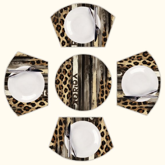 Abstract leopard print stripes artwork Round Table Placemats Set Of 5 Wedge Table Mats Washable Heat Resistant Place Mat For Dining Table Kitchen Farmhouse Restaurant