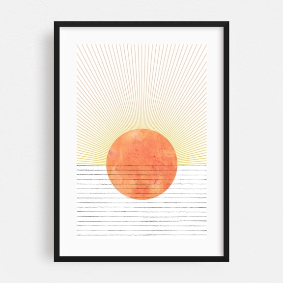 Abstract orange sunrise - Digital Art Minimalist Abstract Sunset Geometric Beach Modern Art Black Framed Wall Art Print 5 x 7 inches
