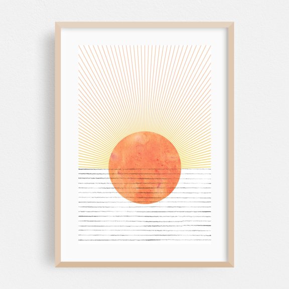 Abstract orange sunrise - Digital Art Minimalist Abstract Sunset Geometric Beach Modern Art Oak Framed Wall Art Print 20 x 30 inches