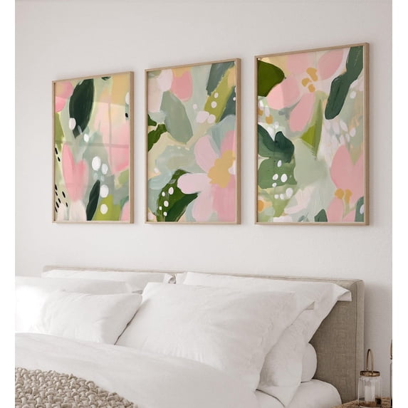 Pink Flower Abstract pastel pink and green flowers paintings modern neutral floral ...