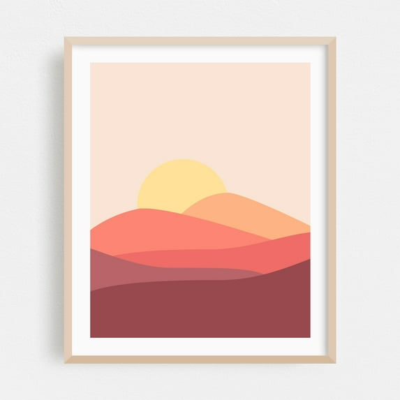 Abstract sunrise - Illustration Abstract Minimalist Sunset Pastel Desert Boho Modern Art Oak Framed Wall Art Print 11 x 14 inches
