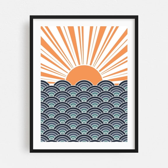 Abstract sunset with Seigaiha waves decoration - Illustration Geometric Sunset Waves Abstract Ocean Minimalist Modern Art Black Framed Wall Art Print 12 x 16 inches