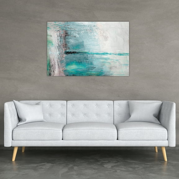 Abstract texture teal and grey shades on white background wall art landscape 24x16in canvas stretched on wood frame