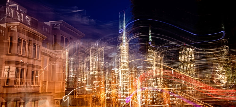 Abstract view of San Franciscos Financial District from Telegraph Hill at dusk San Francisco California USA Canvas Art - Panoramic Images (12 x 36)
