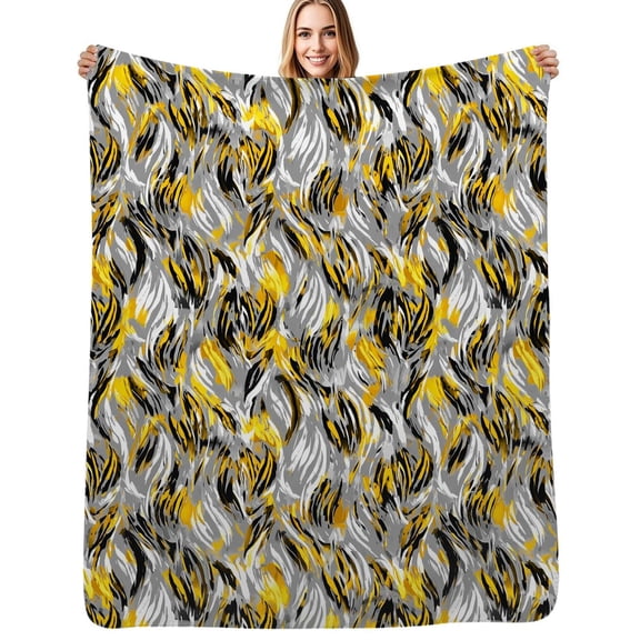 Abstract yellow black gray wavy pattern Soft Blanket Travel Bedding Throws Flannel Bedspread Sofa Bed Cover