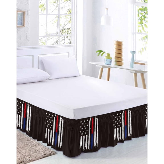 AbstractAmerican Flag Bed Skirt Queen Size 16 Inch Drop, Patriot Black Symbol Adjustable Elastic Dust Ruffles Bedskirt for Queen Bed Wrap Around Pleated Mattress Frame Cover