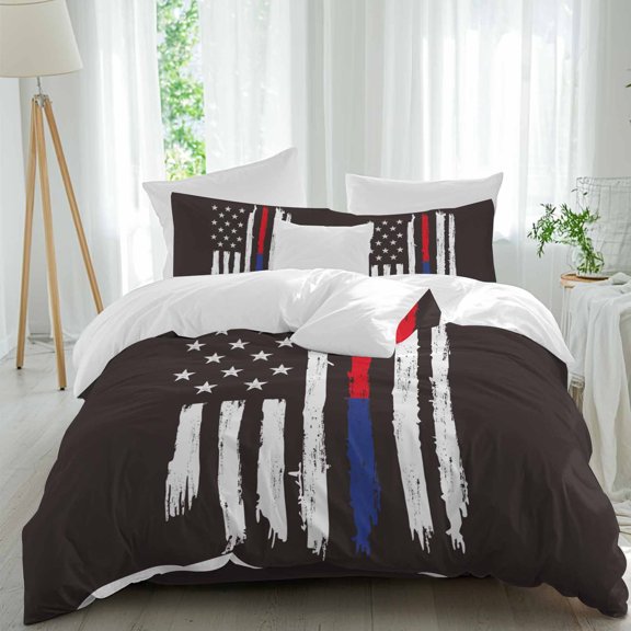 AbstractAmerican Flag Duvet Cover Set Queen Size, Patriot Black Symbol 4 Piece Soft Microfiber Bedding Set with 1 Duvet Cover, 1 Flat Sheet, 2 Pillowcases