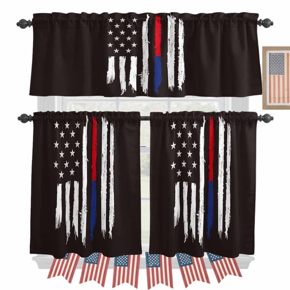 AbstractAmerican Flag Kitchen Curtains Valances 3 Piece Set, Patriot Black Symbol Rod Pocket Tier Curtain and Valance Drapes for Small Window 24 Inch Length for Bedroom Cafe