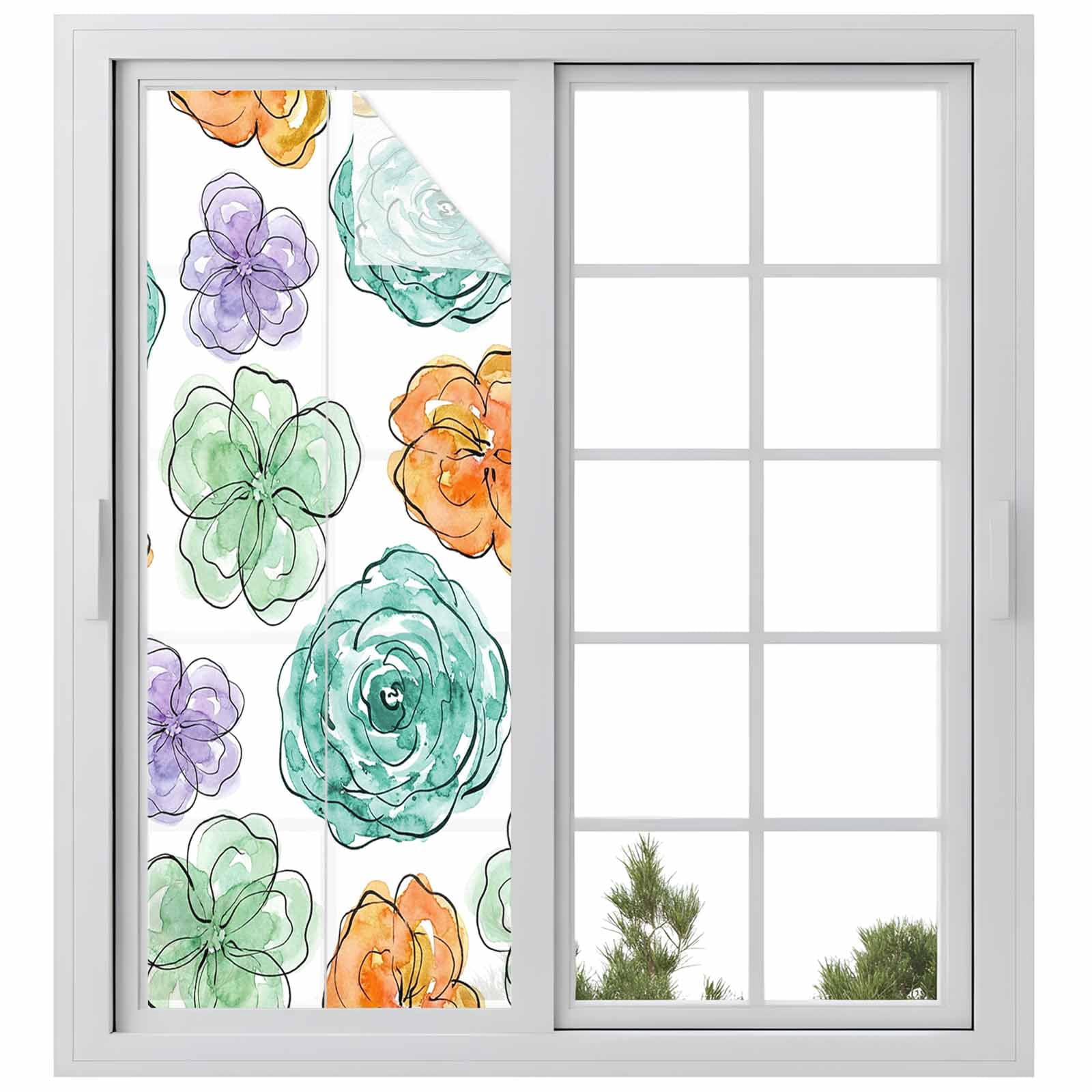Abstraction Art Window Privacy Film, Watercolors Flowers Minimalist Lines Modern Frosted Glass Window Clings Static Cling UV Heat Blocking Reusable Door Sticker for Bathroom 23.6 x 59 Inch