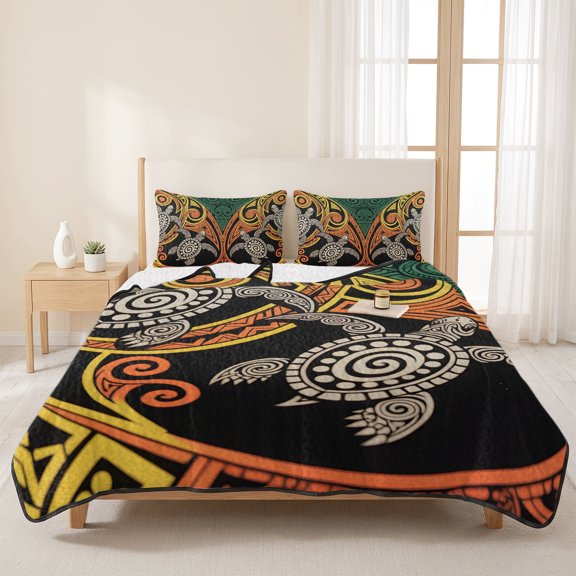 Abstraction Marine Life Turtle 3 Pieces Quilt Set,1 Quilt with 2 Shams,Retro Polynesia Texture Bedspread Soft Lightweight Bedding Coverlet Comforter Set for All Season 96"x106"