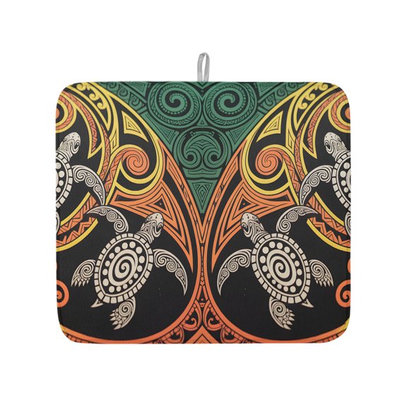 Abstraction Marine Life Turtle Dish Drying Mats for Kitchen Counter,Absorbent Microfiber Dish Drainer Rack Mat Retro Polynesia Texture Drying Pad for Sinks,Utensils,Countertops,16x18in