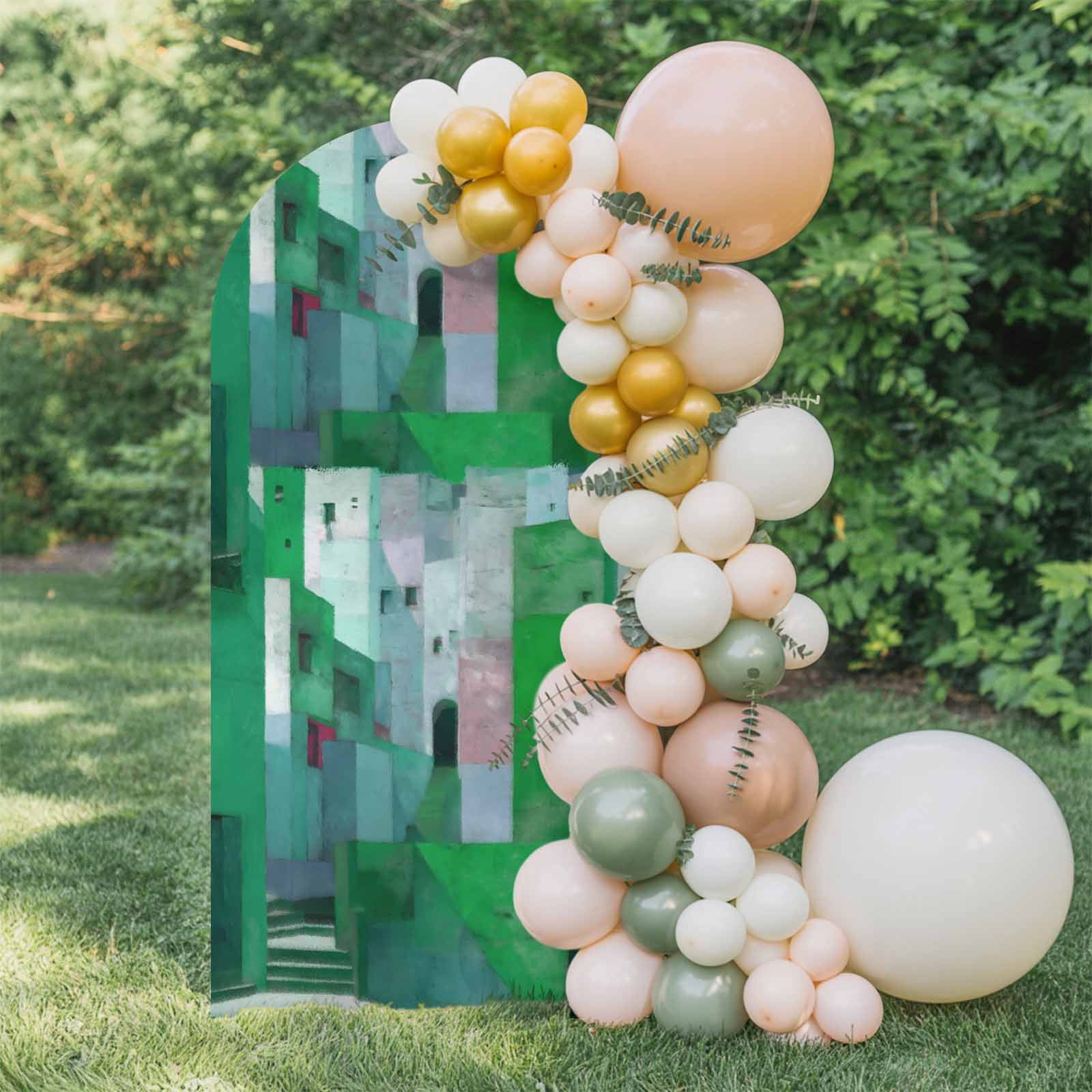 Abstracts Art Arch Backdrop Cover 7.2 FT, Green Oil Painting Buildings ...