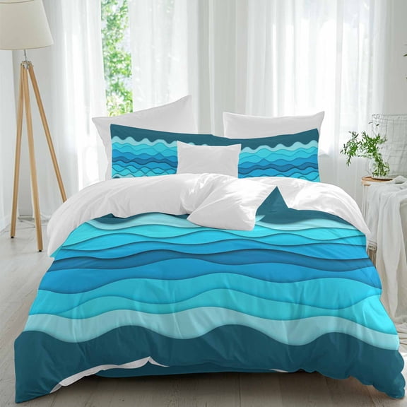 Abstracts Blue Ripple Queen Size Comforter Set, Gradient Lines Modern Ocean Wave Bedding for All Seasons, 4 Pcs Bed Set, 1Quiltcover (90"x92") ,1Sheet(94"x116"), 2Pillowcases (30"x20")