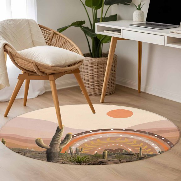 Abstracts Cacti 3.3ft Round Rug for Bedroom Reading Corner, Sunset Mountain Deserts Plants Bohemian Washable Non Slip Circle Area Rug
