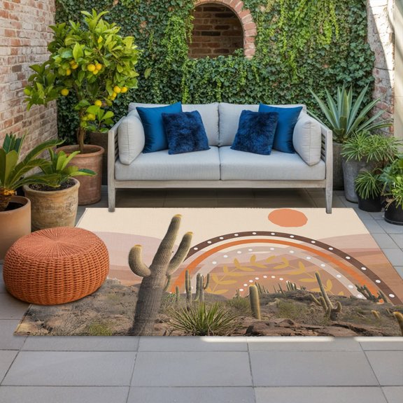 Abstracts Cacti Indoor Outdoor Rugs 4x6 Ft, Sunset Mountain Deserts Plants Bohemian Outdoor Patio Rugs Mat Washable Outside Area Rugs Carpet for Porch Deck RV Camping Pool Balcony Backyard