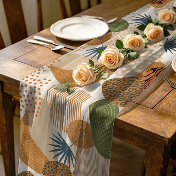 Abstracts Leopard Print 4.5 ft Cheesecloth Table Runner for Wedding 19"x55", Palm Leaf Brown Line Modern Kitchen Dinner Sheer Tulle Chiffon Dresser Scarf, Holiday Party Decorations