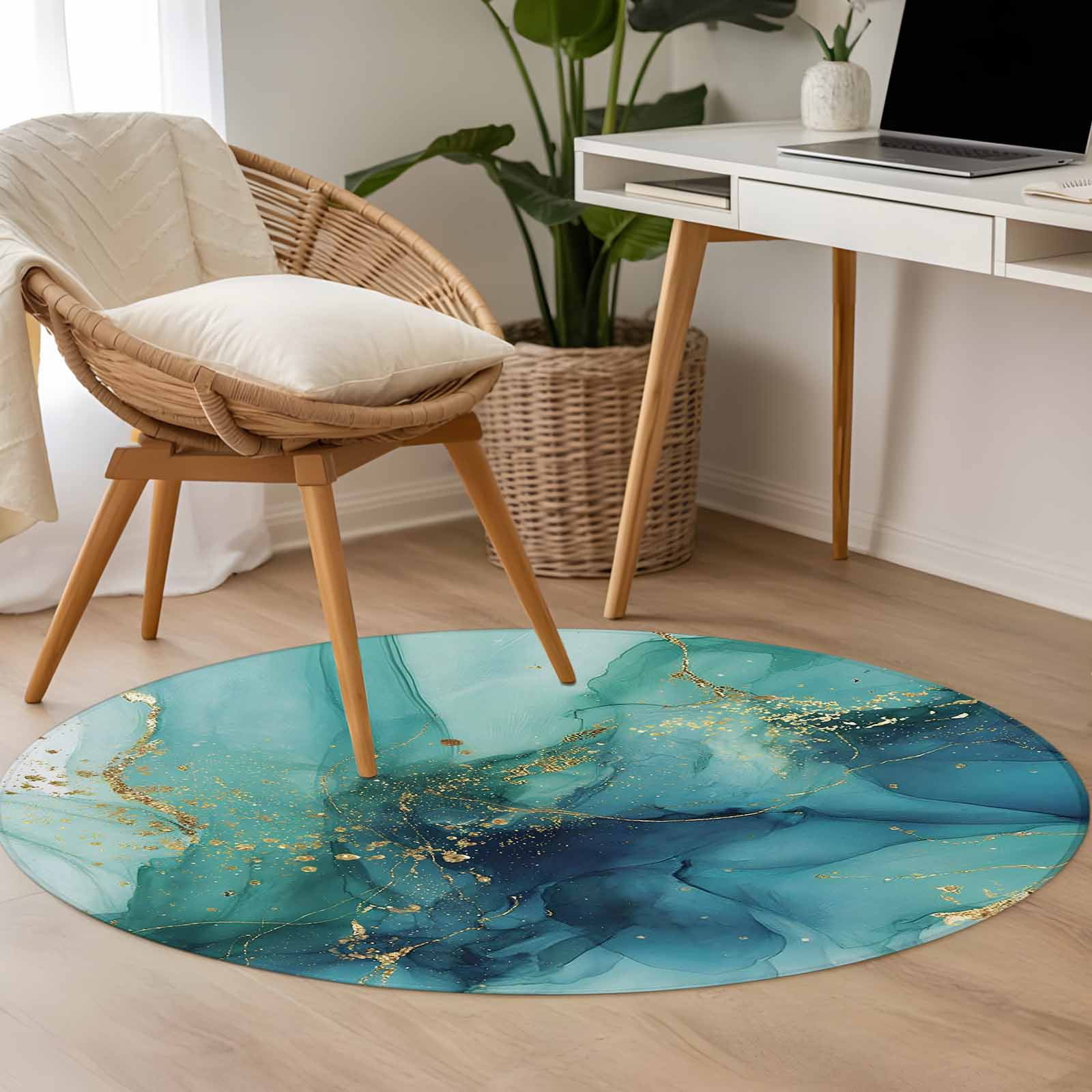 Abstracts Marble 3.3ft Round Rug for Bedroom Reading Corner, Teal Green ...