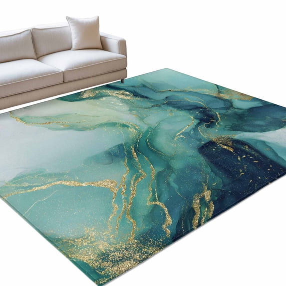 Abstracts Marble 8x10ft Non Slip Area Rug Teal Green Ombre Stone Glod ...
