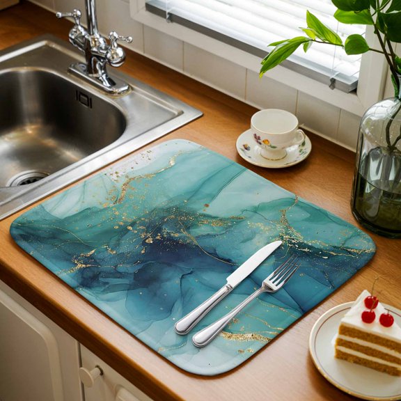 Abstracts Marble Kitchen Drying Mat 1 Pack, Teal Green Glod Ombre Stone Crystal Texture Absorbent Dish Drying Mat Drying Pad Drainer for Kitchen Counter Sink 16 X 18 Inch, Machine Washable