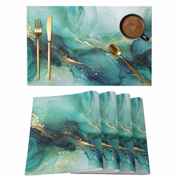 Abstracts Marble Placemats Set of 1, Teal Green Glod Ombre Stone Crystal Texture Non-Slip Place Mats Washable Table Mats for Kitchen Dining Table Decorations Indoor/Outdoor