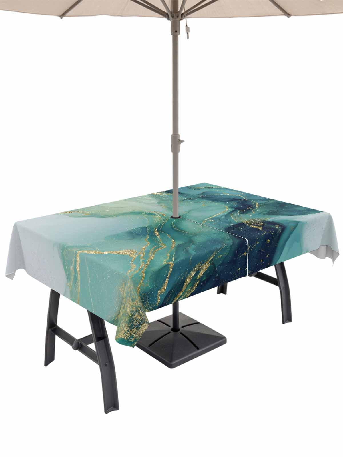 Abstracts Marble Rectangle Outdoor Tablecloth with Umbrella Hole Teal ...