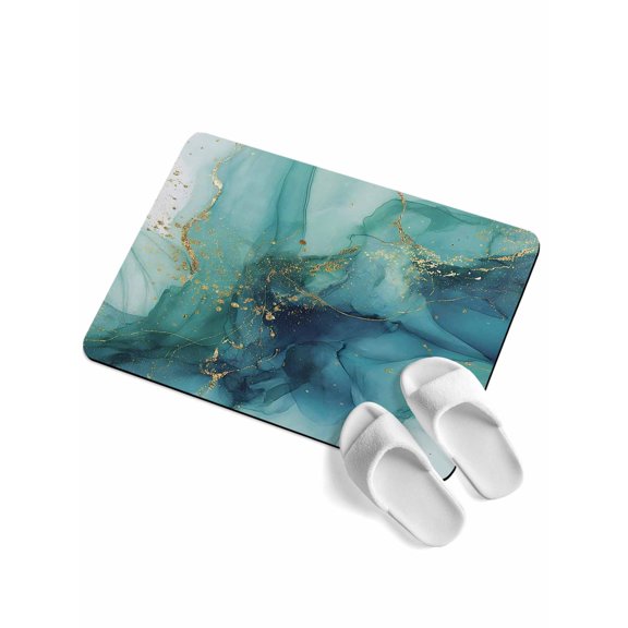 Abstracts Marble Soft Diatomaceous Earth Mat, Teal Green Glod Ombre Stone Crystal Texture Absorbent Bath Mat Non Slip Rubber Backed Quick Dry Doormat Fit Under Door for Bathroom Kitchen 16"x24"