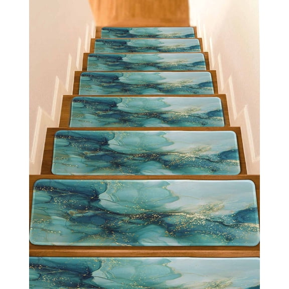 Abstracts Marble Stair Treads Teal Green Glod Ombre Stone Crack Texture Indoor Non Slip Peel and Stick Stair Treads for Wooden Steps 15 PCS, Soft Adhesive Staircase Mats Runner Rugs 8"x30"