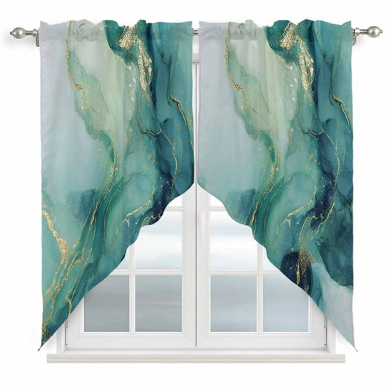 Abstracts Marble Swag Valances for Windows 2 Pack Teal Green Ombre Stone Glod Crack Texture Swag Kitchen Curtains 36 Inches Long Rod Pocket Short Window Treatment for Kitchen Bathroom 36"x36"
