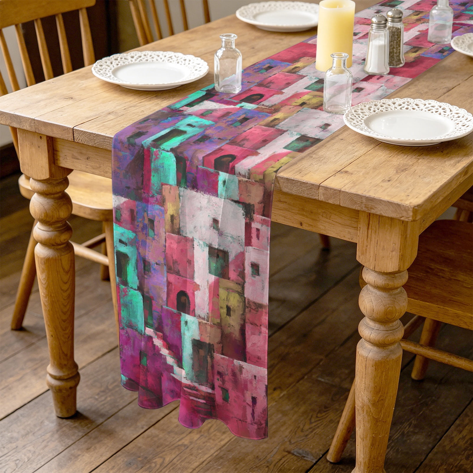 Pink Building Abstracts Painting Buildings 10ft Cheesecloth Table Runner for Wedding ...