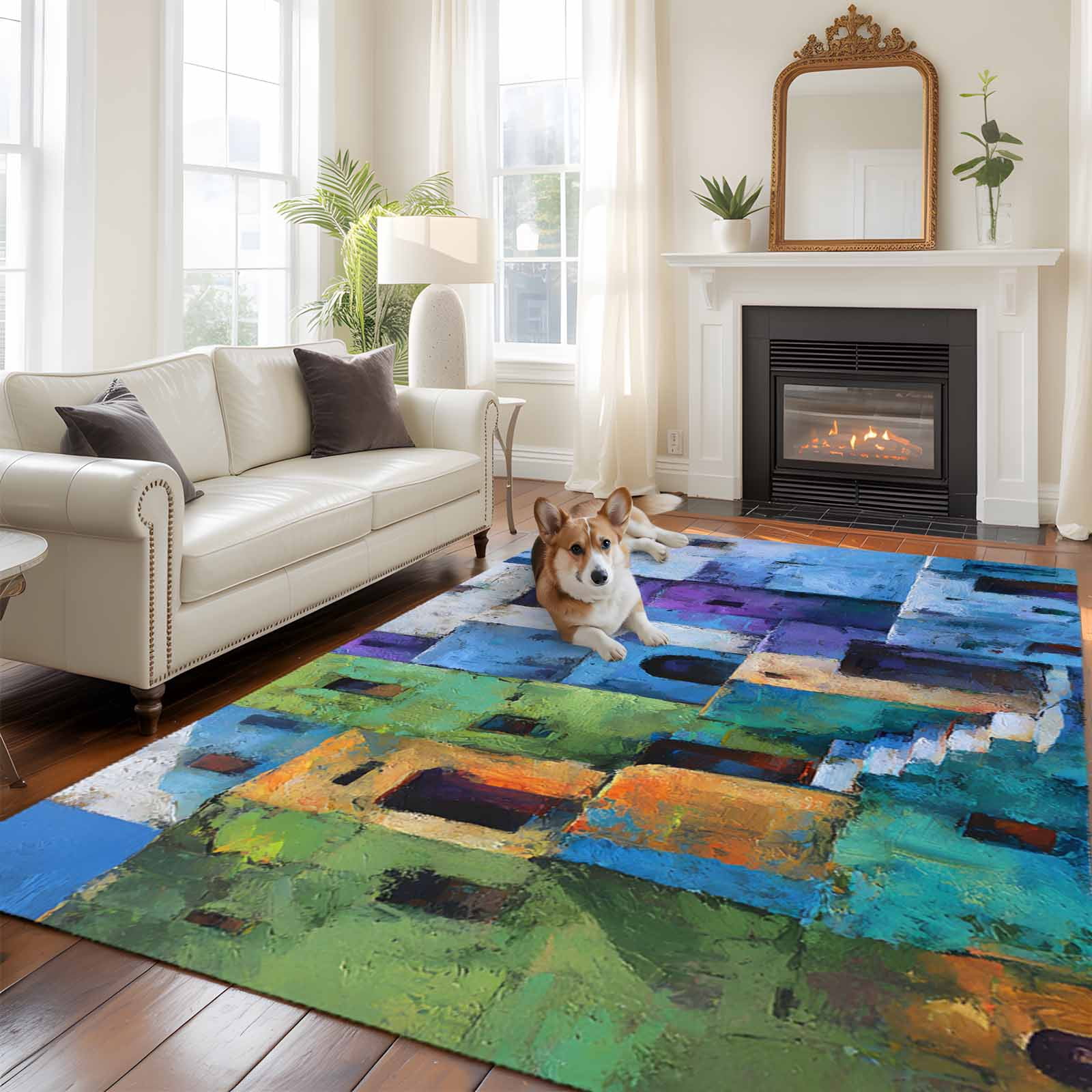 Abstracts Painting Buildings Area Rugs 5x7 ft Blue Green Orange Color ...