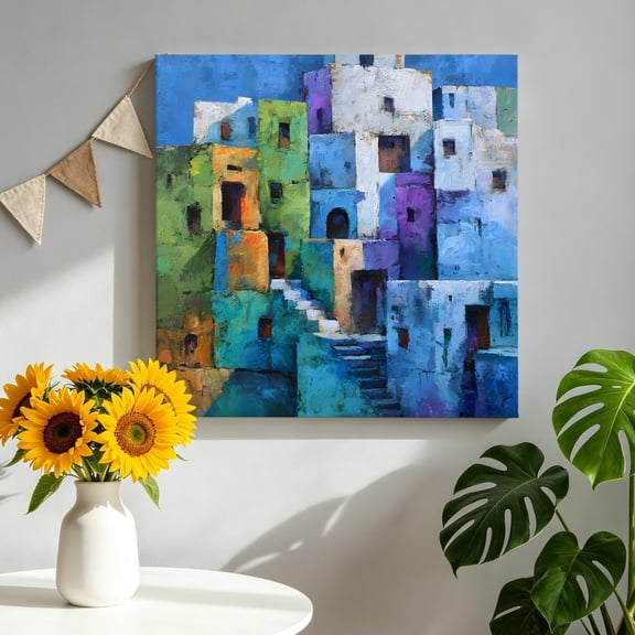 Abstracts Painting Buildings Canvas Wall Art, Blue Green Orange Color Block Pictures Wall Decor Wooden Framed Artwork Art Prints for Living Room Hallway Bedroom Office 8"x8"