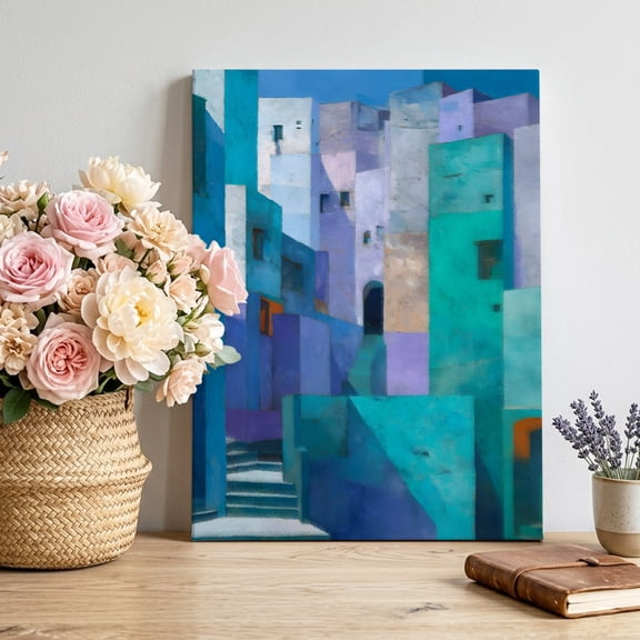 Abstracts Painting Buildings Canvas Wall Art, Blue Green Purple Color Block Pictures Wall Decor Wooden Framed Artwork Art Prints for Living Room Hallway Bedroom Office 11"x14"