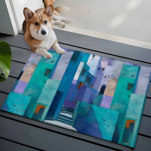 Abstracts Painting Buildings Front Door Rugs 2x3 ft Blue Green Purple Color Block Small Rug for Entryway Non Slip Washable Bathroom Door Mat Absorbent Floor Mat for Indoor Entrance