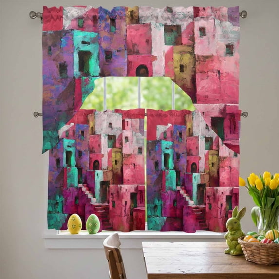 Abstracts Painting Buildings Swag Curtains Valance & Tier Set, Pink ...