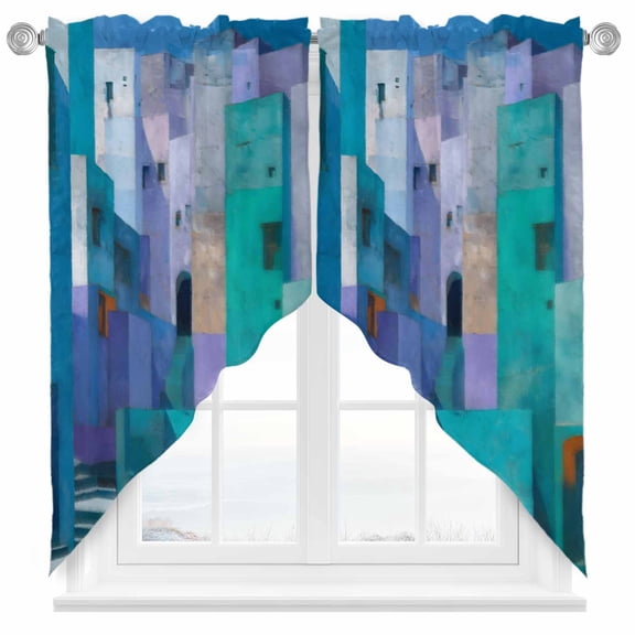 Abstracts Painting Buildings Swag Kitchen Curtain Valances, Blue Green Purple Color Block Rod Pocket Curtains Window Treatment Decor Valances for Bedroom Bathroom, 2 Panels 28 x 36 Inch